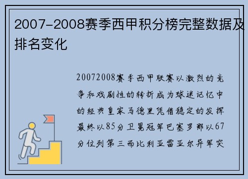 2007-2008赛季西甲积分榜完整数据及排名变化